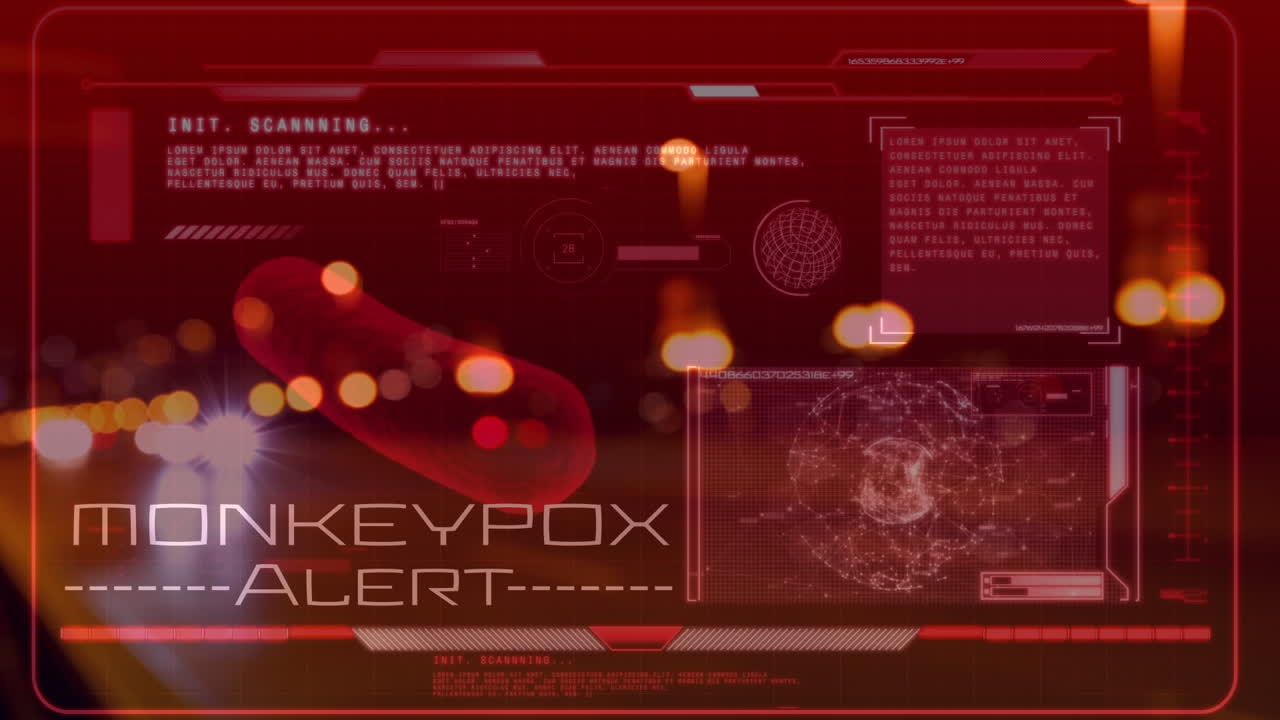 animación de la viruela del mono sobre pantalla digital roja con datos y virus