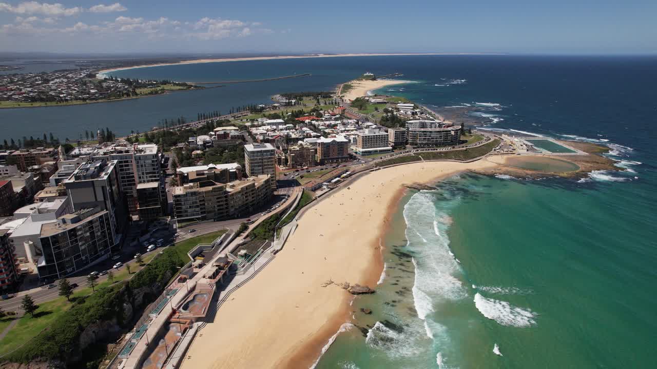Newcastle Beach With Newcastle Ocean Baths And Newcastle Canoe Pool In NSW, Australia - Aerial Shot