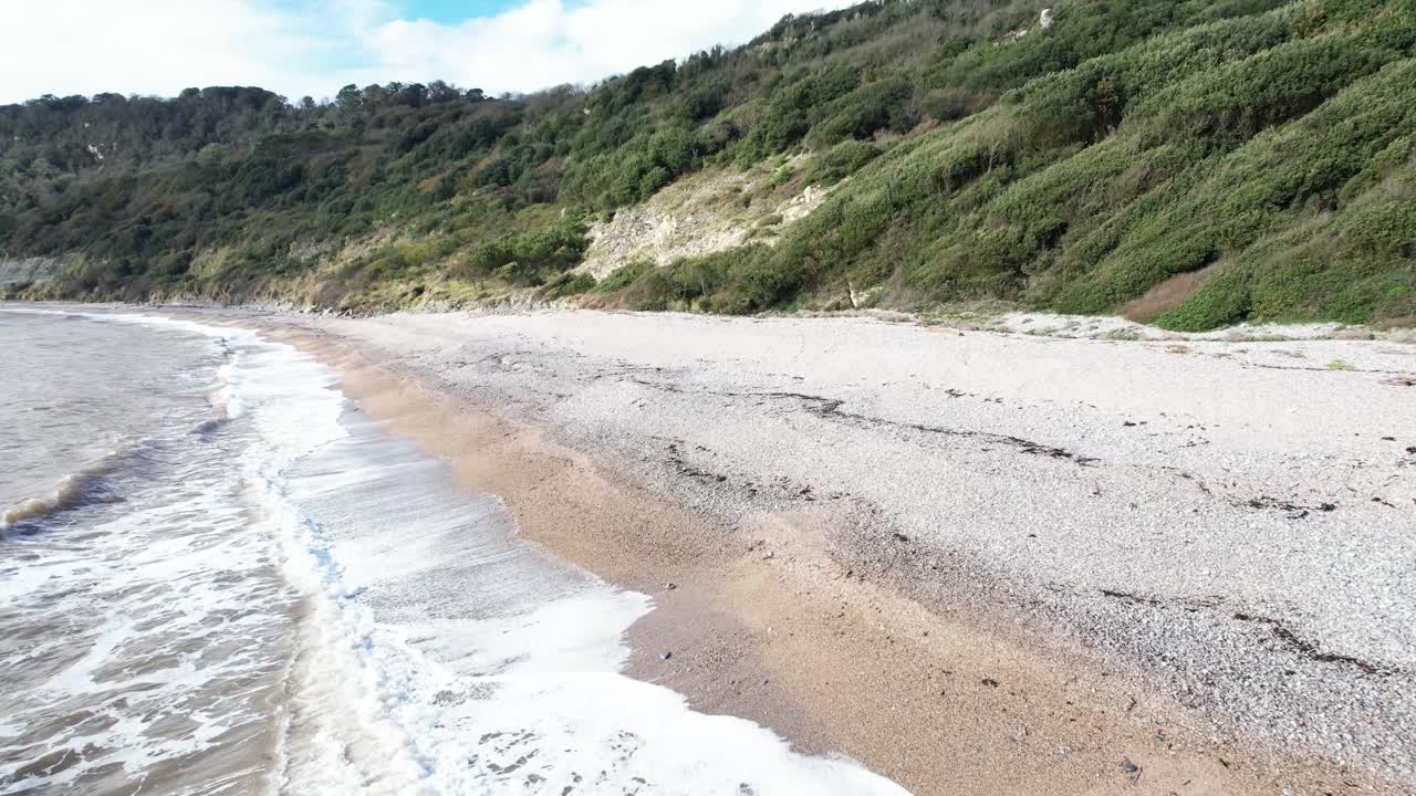 Aerial perspective of a sandy beach against a forested coastal backdrop.