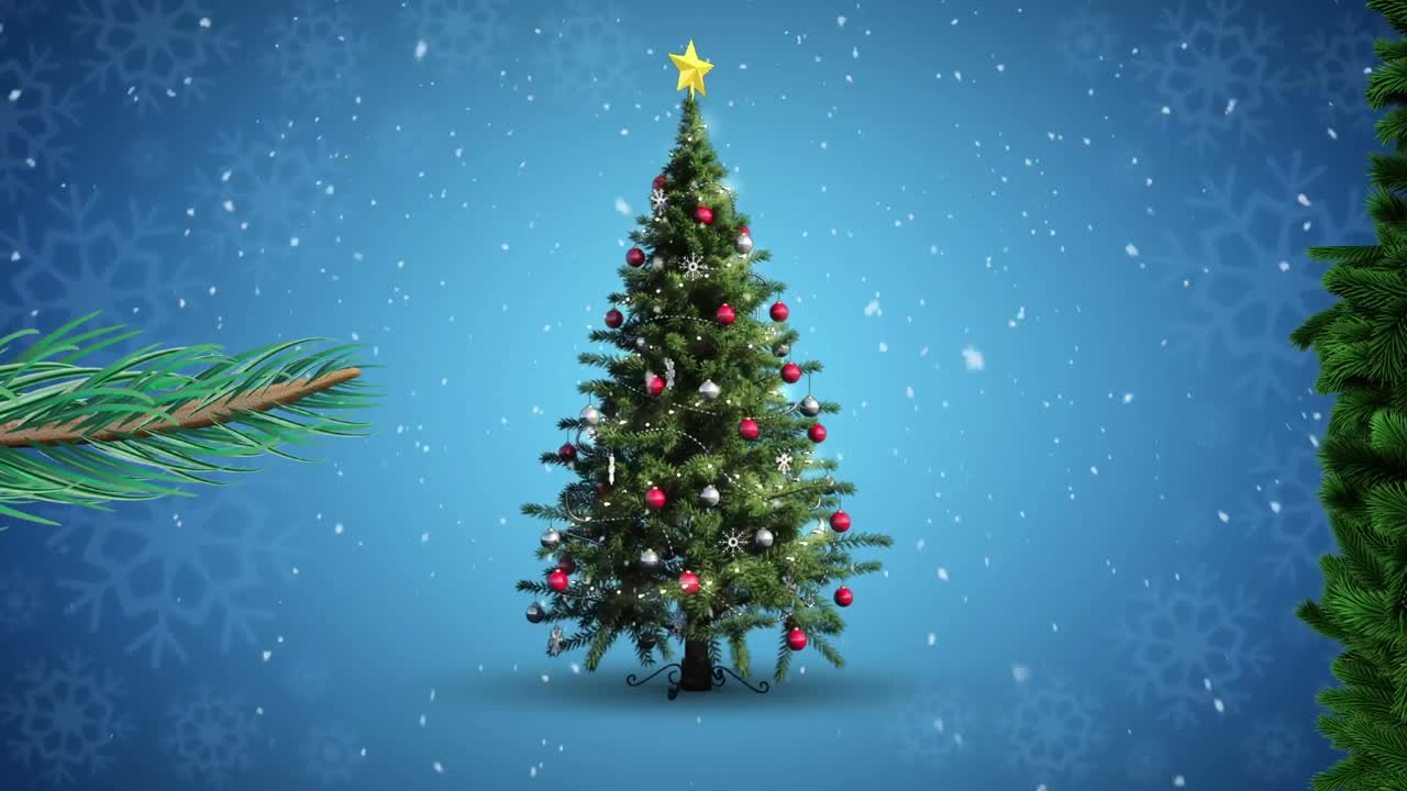 animación del árbol de navidad girando y la nieve cayendo sobre un fondo azul