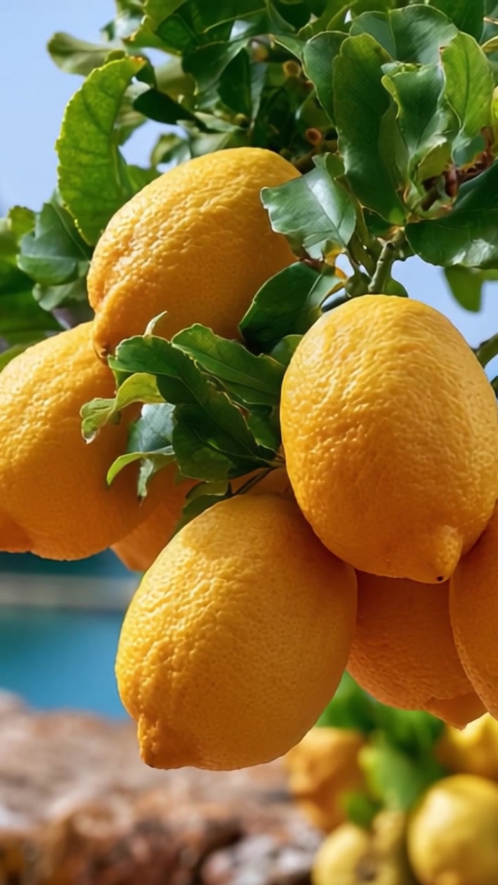 Limoni Gialli Vivaci Appesi a un Fresco Ramo Verde, che Mostrano la Loro Consistenza Succosa Sotto Cieli Azzurri Brillanti in un Frutteto Illuminato dal Sole