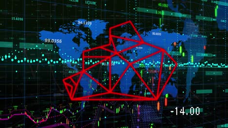 Animation-of-graphs,-financial-data,-world-map-and-bear-head-on-black-background