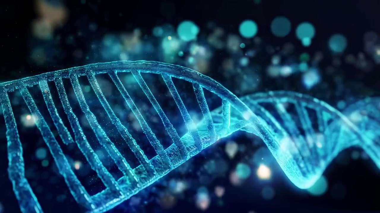 Doppia elica di DNA blu luminosa che ruota in uno sfondo scientifico astratto