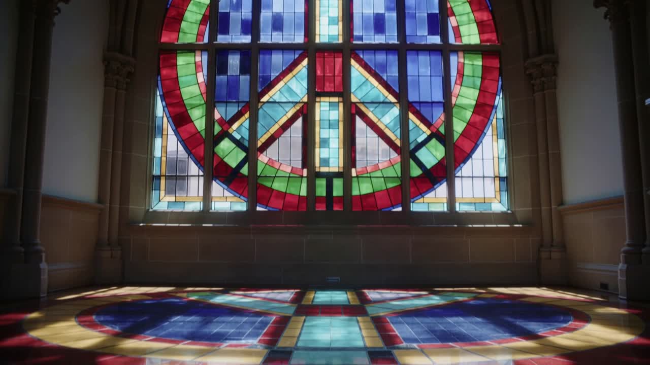 Video verticale: Luce solare che filtra attraverso una vetrata proiettando un cerchio di colore sul pavimento, a supporto del design.
