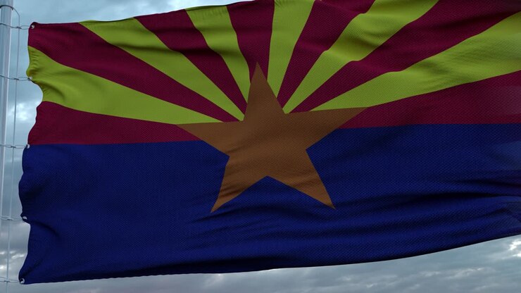 USA and Arizona Mixed Flag waving in wind. Arizona and USA flag on flagpole