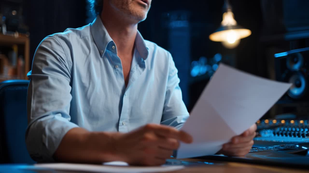 Man reads papers in dimly lit studio. He appears focused and thoughtful. Control panel glows softly beside him. Professional atmosphere, quiet concentration. Suitable for creative or business scenes