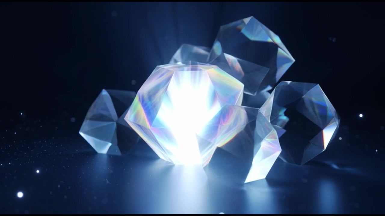 Glödande geometriska kristaller med brytande ljus på mörk bakgrund