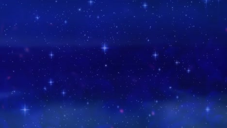 Animation-of-glowing-lights-with-stars-and-copy-space-on-blue-background