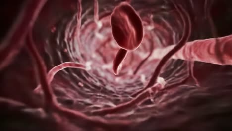 a close-up exploration of blood flow within the human vascular system, featuring red blood cells navigating through veins and arteries