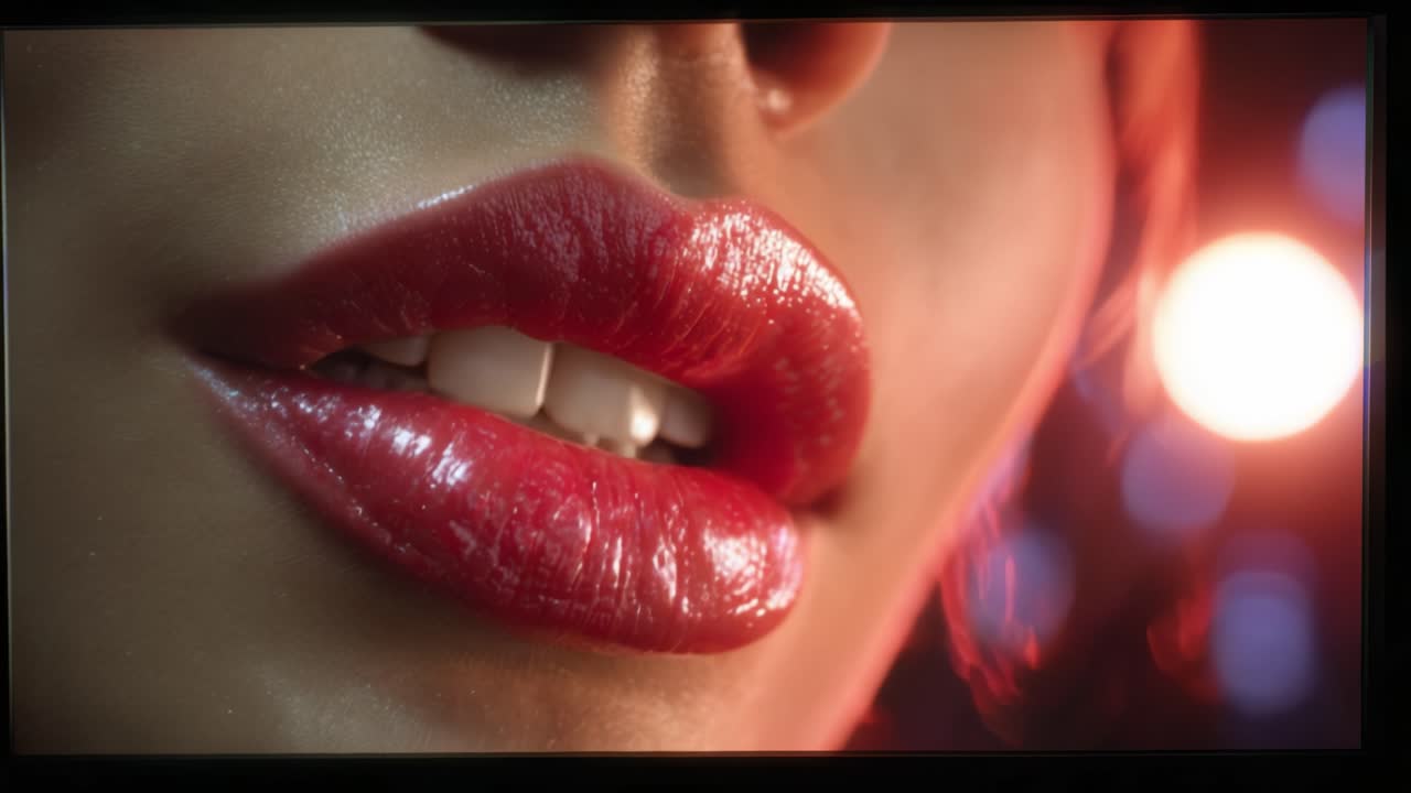 Close-Up of Glossy Lips with Vibrant Lighting, Showcasing Their Luster and Contours in a Dreamy Atmosphere, Capturing the Essence of Beauty and Glamour