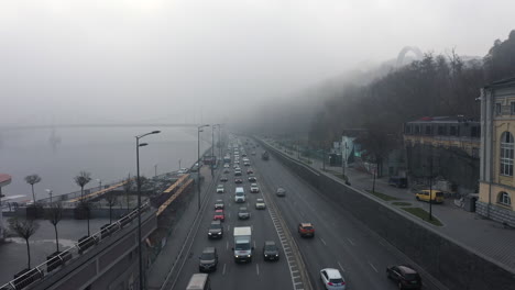 foggy city highway with traffic