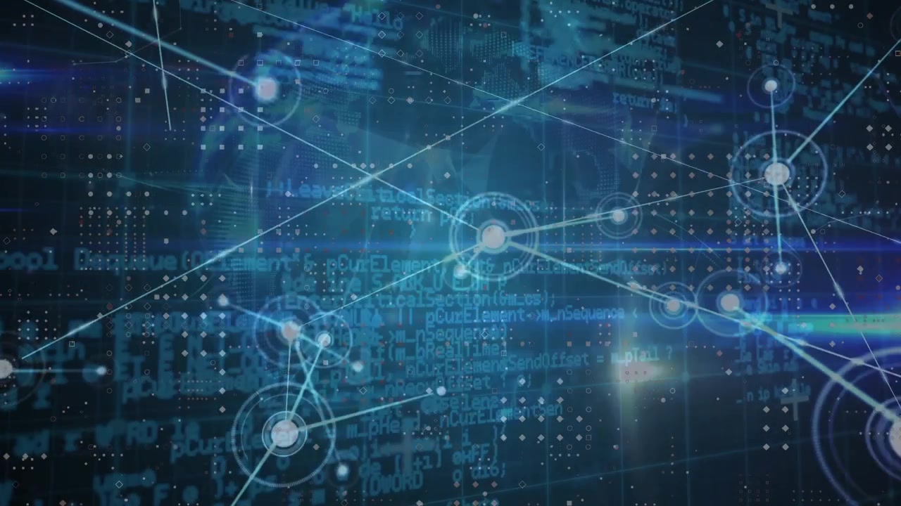 Animation of network of connections over globe and data processing on black background
