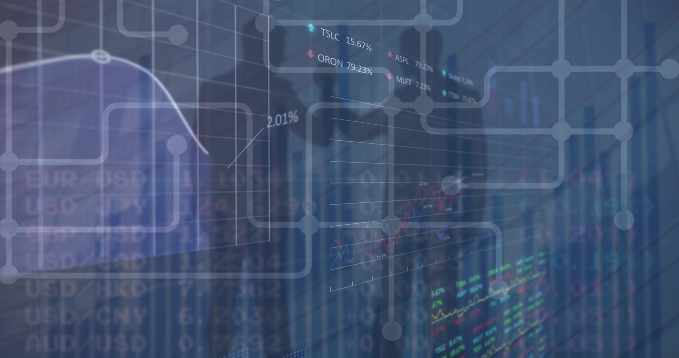 Animation of data processing over silhouettes of business people