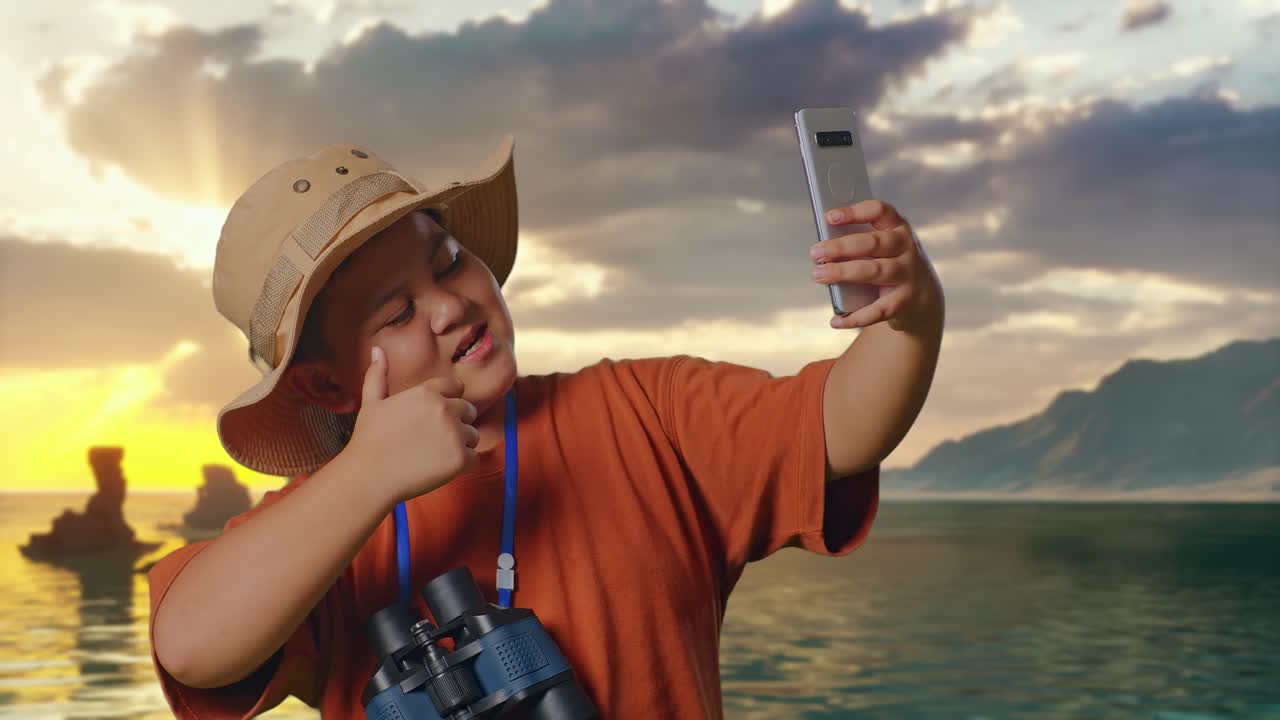 Şapkalı ve Dürbünlü Asyalı Bir Çocuk Plajda Akıllı Telefonuyla Selfie Çekiyor. Bir Şeyleri İnceleyen Çocuk Araştırmacı, Seyahat Turizmi Macerası, Yakın Çekim