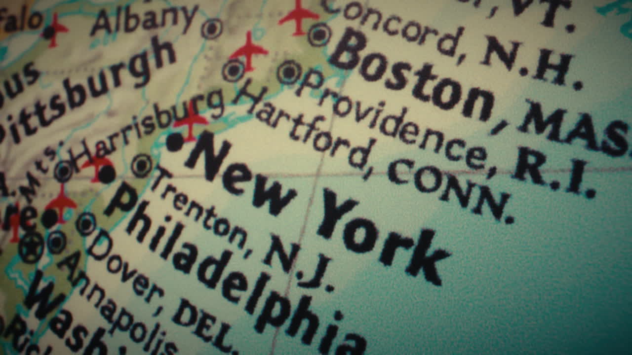 A close-up view of a map showing major cities in the Northeastern United States