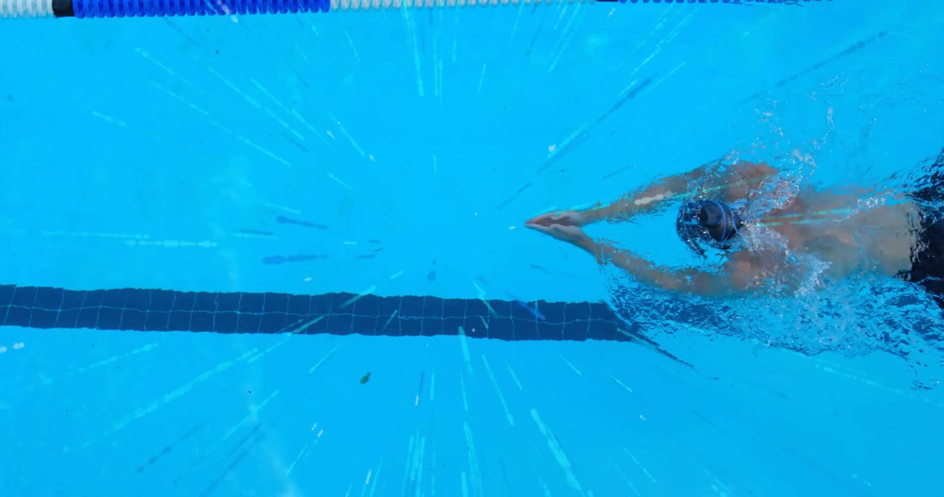 Swimmer entering lane performing front crawl by marker for fitness training with animated ripples