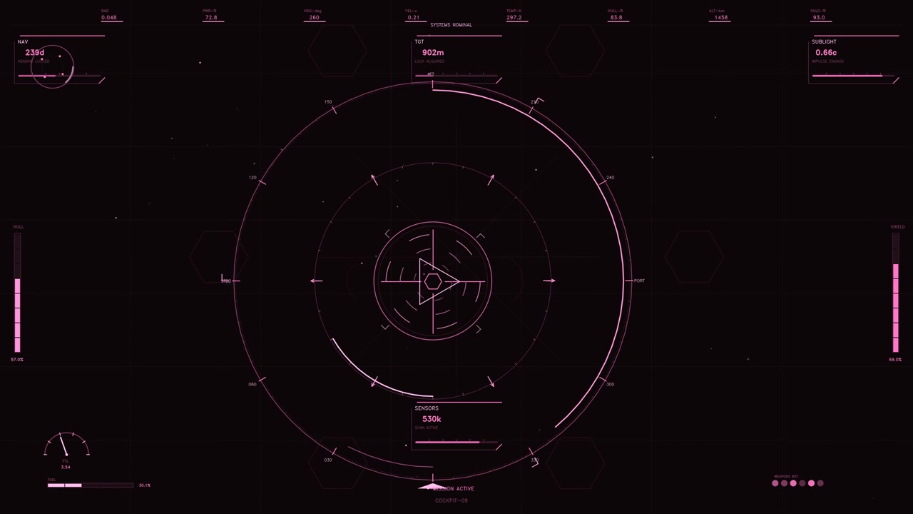 Un display head-up futuristico rosa vibrante sovrapposto a uno sfondo scuro, caratterizzato da intricata telemetria tattica e visualizzazione dei dati. L'interfaccia centrale mostra un reticolo radar rotante, tracciamento del bersaglio.