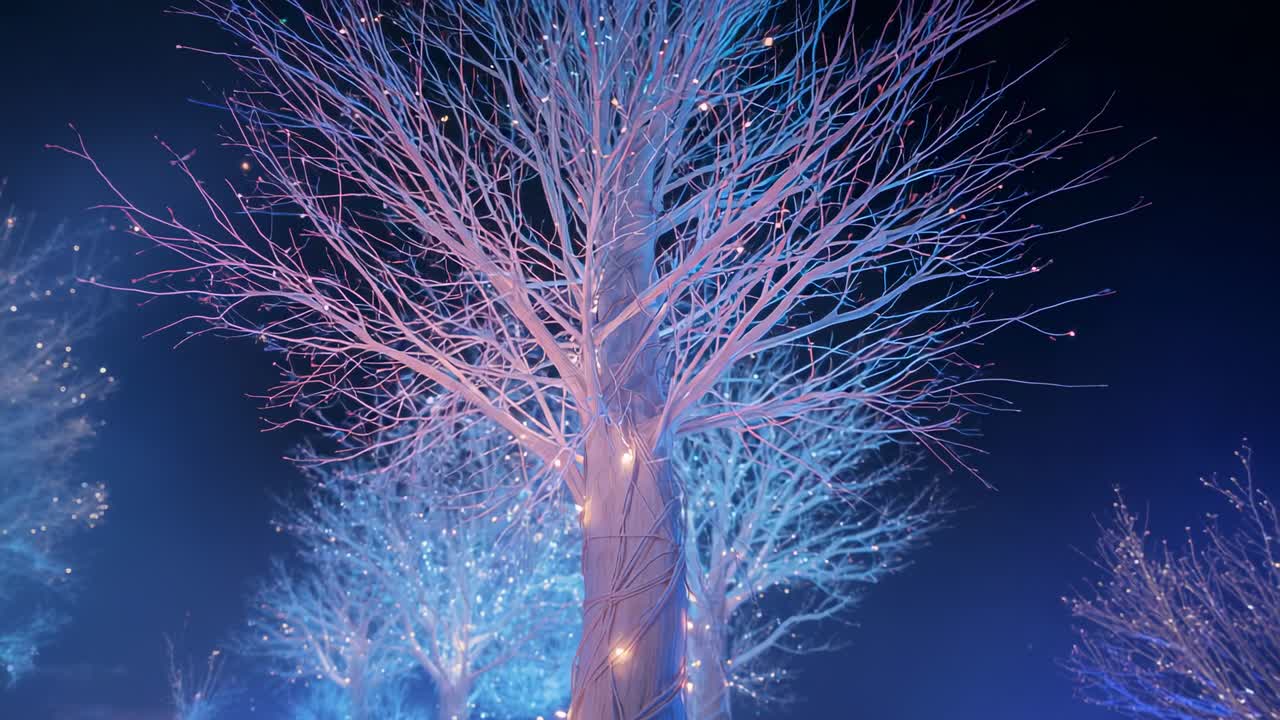 Lights pulsing up leafless tree, camera retreating in nighttime grove showing fairy light strings