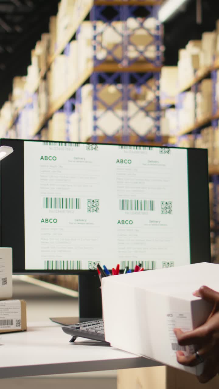 Vertical Video Black woman verifying barcodes and shipment details on labels and software
