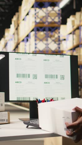 vertical video black woman verifying barcodes and shipment details on labels and software