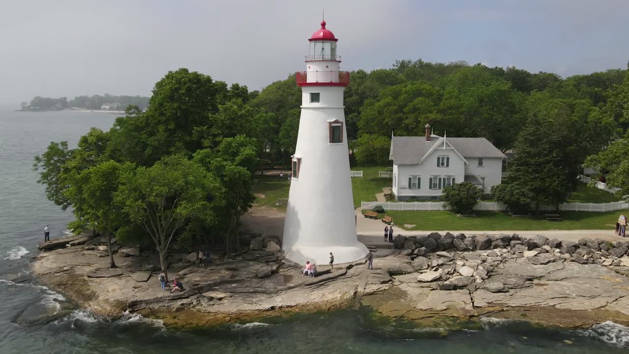 Marblehead Lighthouse along Lake Erie in Ohio drone time lapse video
