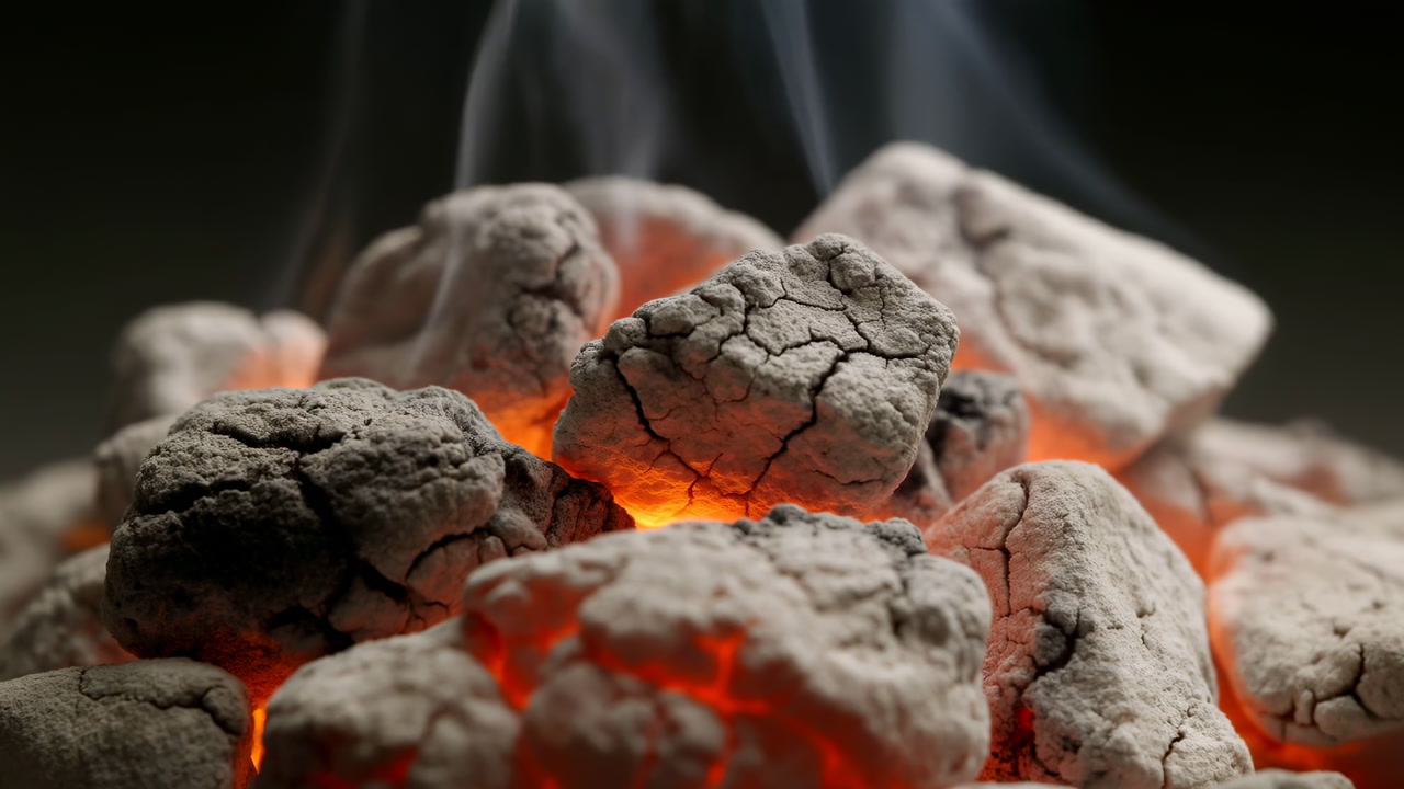 Glowing Charcoal Embers Close Up Smoky Atmosphere Showcasing Cracked Ashy Coals With Orange Inner Glow, Gentle