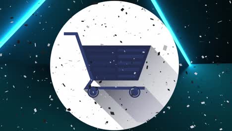 animation of blue lights, qr code and confetti falling, over shopping cart icon, on black