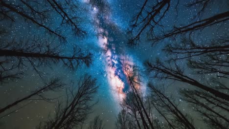 milky way galaxy through bare tree silhouettes at night