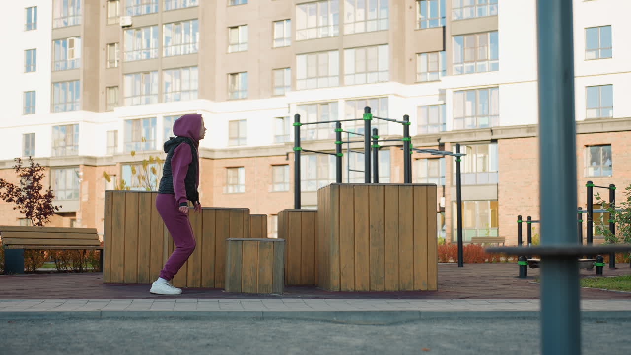 Youthful woman jumps onto wooden plyometric box in urban park, landing smoothly and repeating dynamic exercise under clear sky with modern city backdrop for strength agility