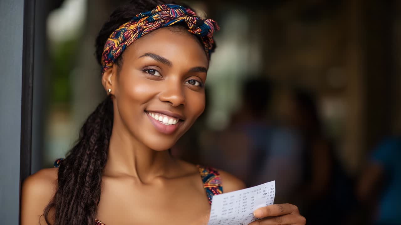 Una donna allegra mostra una ricevuta con un sorriso smagliante e un'elegante fascia per capelli mentre interagisce con l'ambiente circostante, irradiando positività e sicurezza in un vivace bar