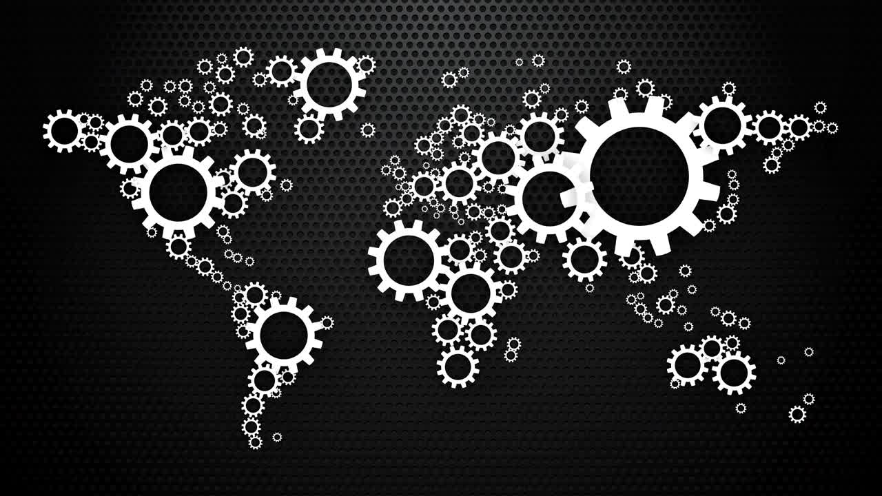 mapa mundial de animación de ruedas dentadas en fondo de placa perforada