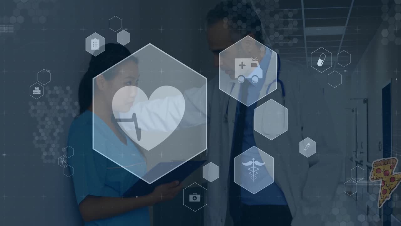 이 비디오에서, 우리는 그들이 이야기하는 동안 다른 여성과 남성 의사 위에 피자 애니메이션을 볼 수 있습니다.