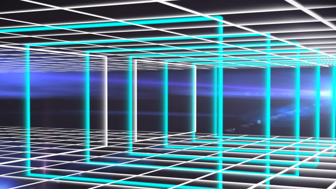 Digital animation of neon square shapes over grid network against blue background
