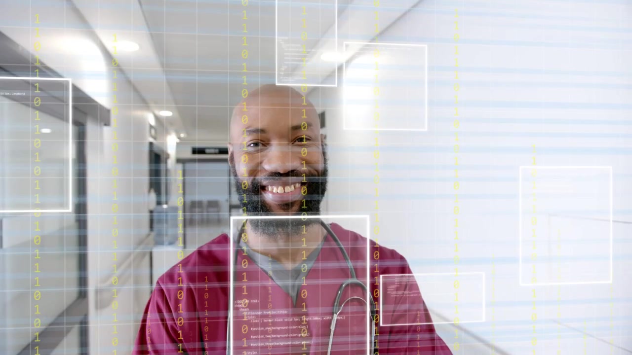 Male clinician smiling in clinic stethoscope grid overlays appearing overlapping torso showing data