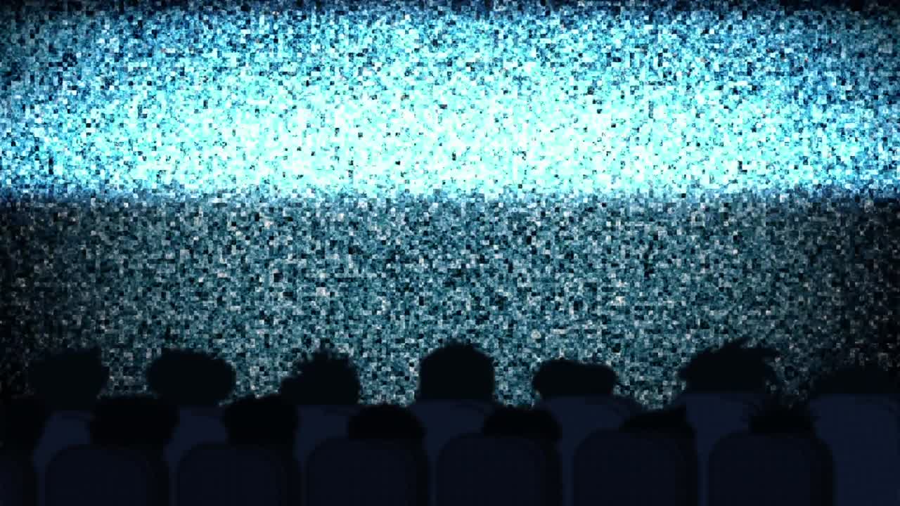 Animation of people silhouettes sitting in cinema and looking at screen with glitch in the backgroun