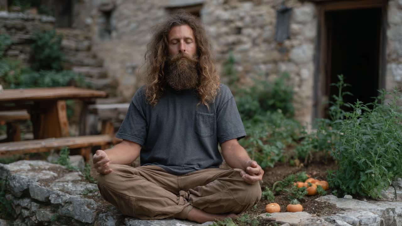 A Serene Moment in Nature: A Man Meditates in a Tranquil Outdoor Setting Surrounded by Stone Walls and Lush Greenery, Embracing Inner Peace and Mindfulness