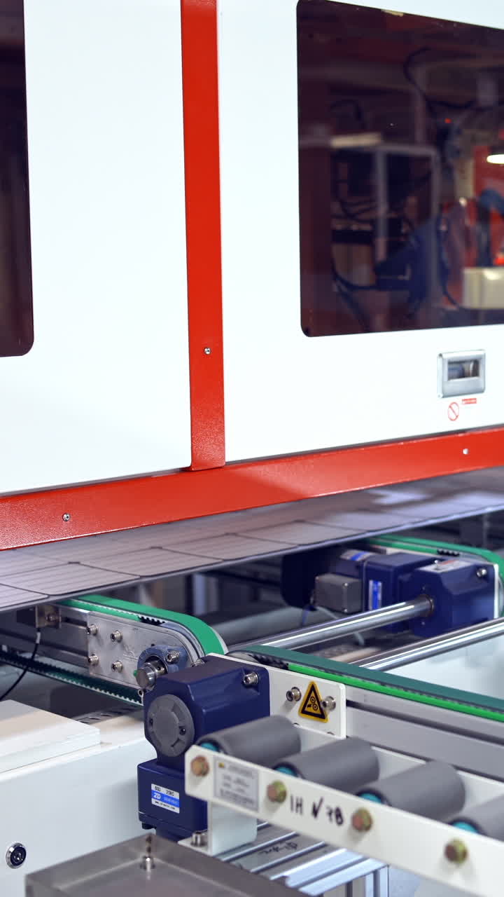 Robotic manufacturing indoors. Worker controls the process of automated equipment. Industrial background and engineer in blue uniform in a modern factory. Vertical video