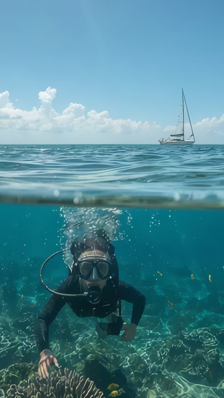 Vertical video: Exhaling bubbles diver kicking swim fins exploring coral reef, sailboat horizon