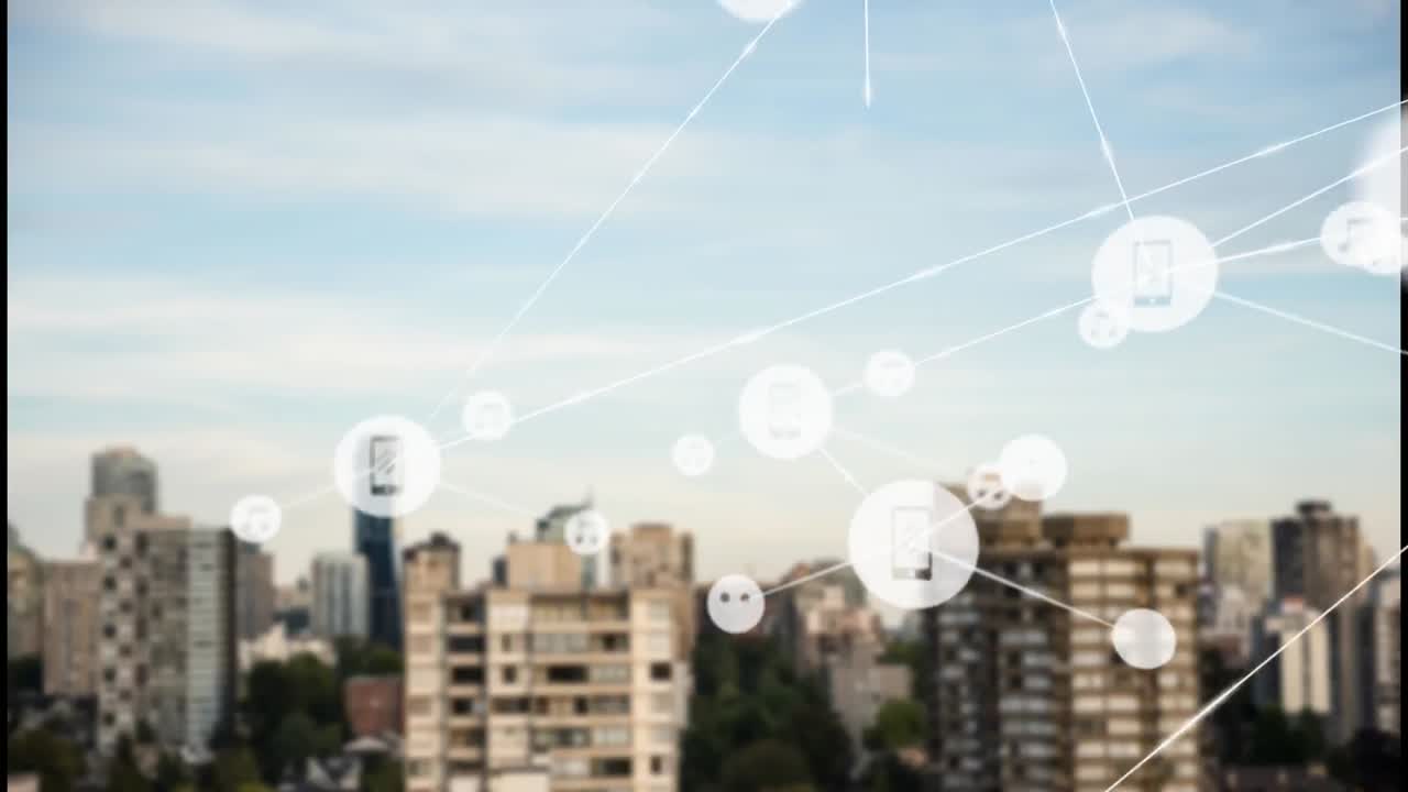 animación de la red de conexiones sobre el paisaje urbano