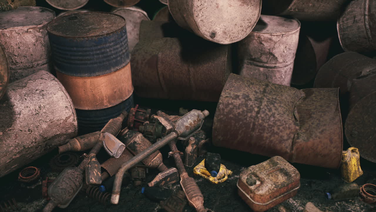 Abandoned industrial site cluttered with rusting barrels and scattered debris