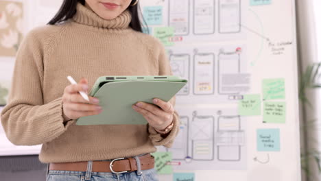 woman, ux design and tablet planning