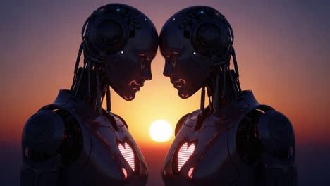 an intriguing encounter of robots at sunset: a symbolic representation of connection and emotion captured in a stunning futuristic setting
