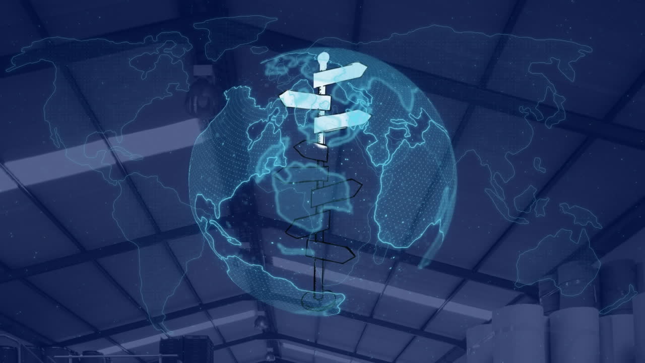 창고 지붕에 대한 회전하는 지구와 세계 지도 위의 방향 표지판의 애니메이션