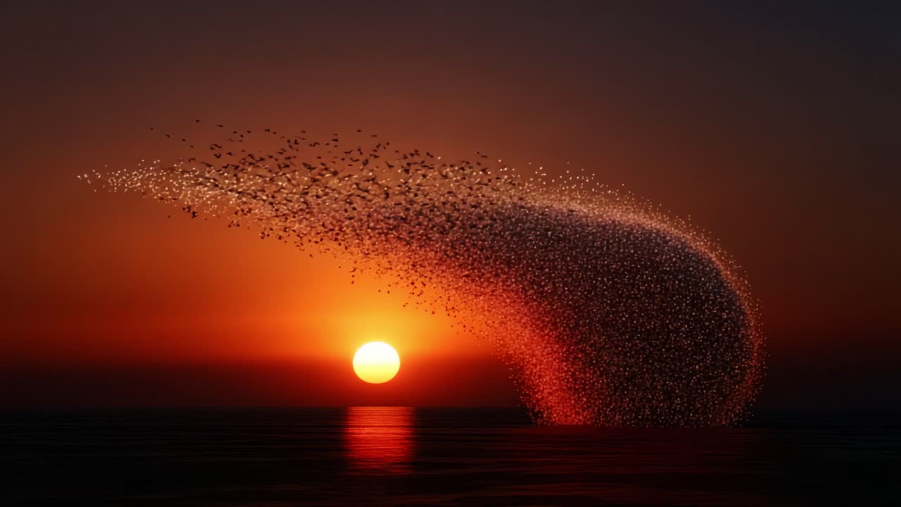 A mesmerizing display of birds dancing in formation against the backdrop of a stunning sunset over the ocean, creating an extraordinary visual spectacle of nature's beauty