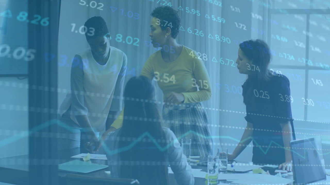 Animation of financial data processing over diverse business people in office