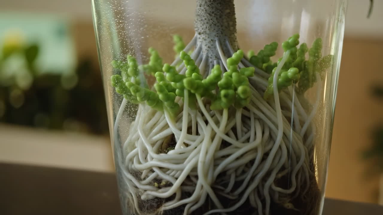 Close-up of plant roots and new green shoots in a clear container