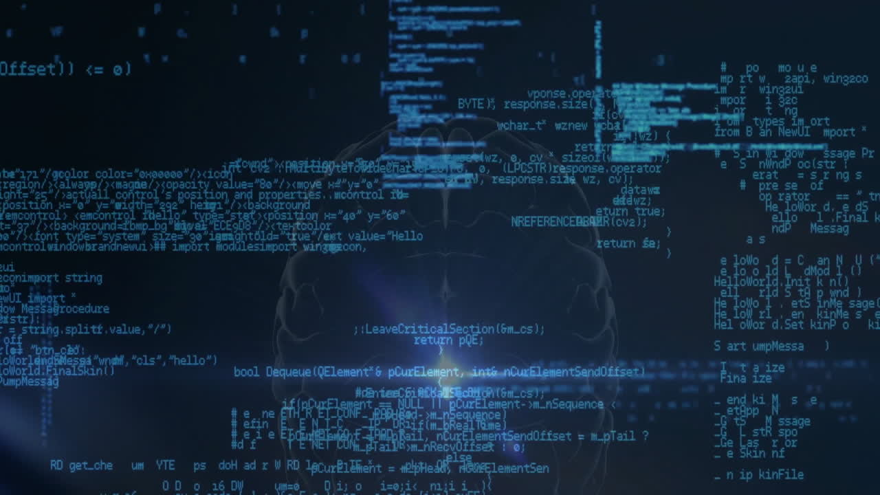 Animation of human brain and data processing over dark background