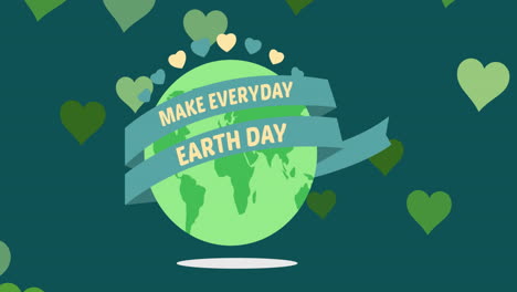 animation of earth day text over globe and hearts