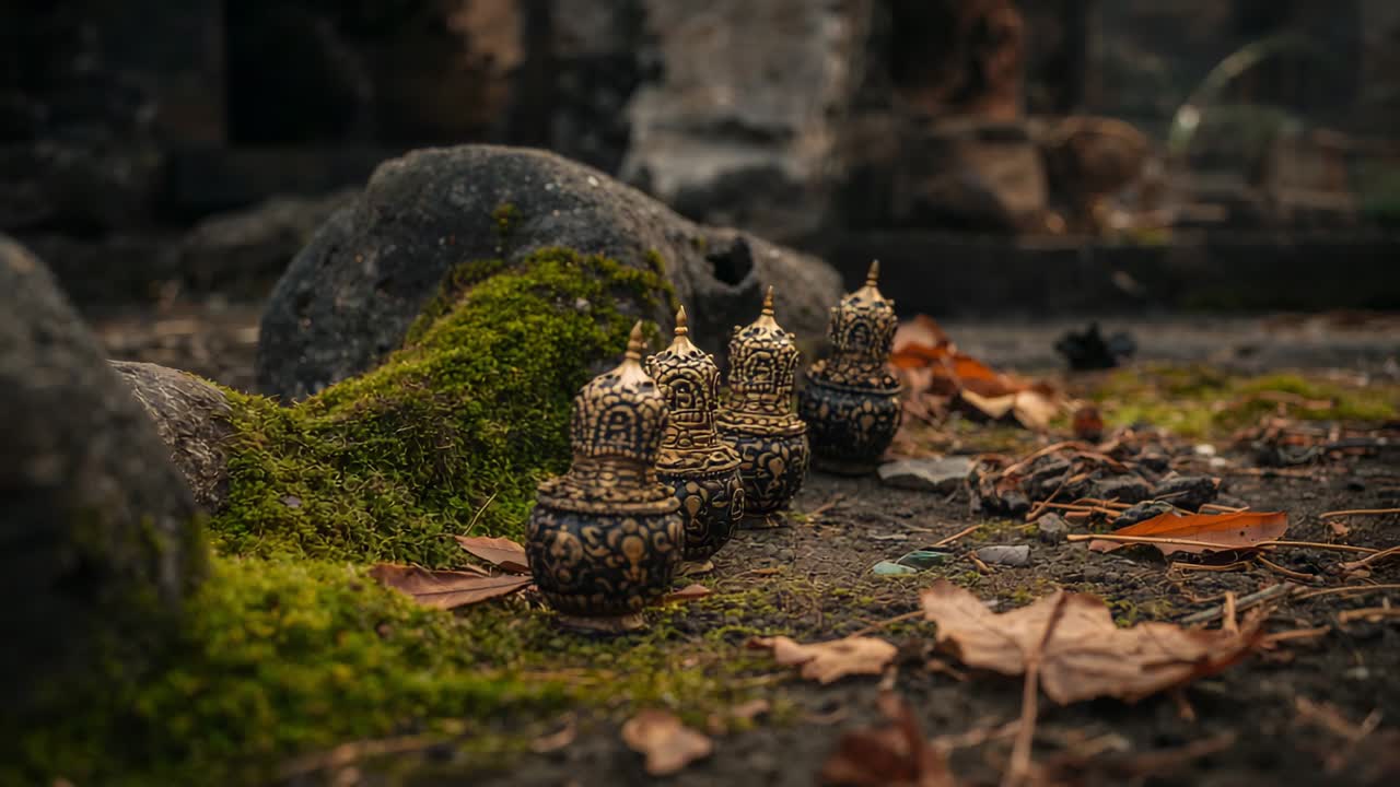การเลื่อนกล้องที่ดึงโฟกัส เผยให้เห็นภาชนะมีฝาปิดประดับสี่ใบอยู่บนพื้นที่มีมอสใกล้ซากปรักหักพัง