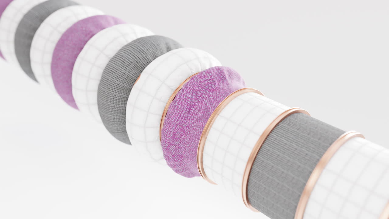 3D looped animation with gray, white and pink textile and golden rings inflating